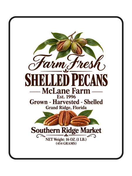 A rectangular product label for McLane Farm Shelled Pecans, featuring illustrations of green pecan clusters and shelled pecans on a white background with black and brown text.